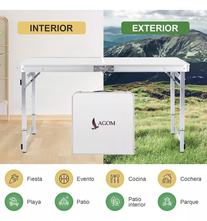 Mesa De Aluminio Plegable Lagom 120*60*70cm Ligero Con Superficie De Melamina Mdf Resistente De Fuego Diseño De Camping Tres Alturas Ajustable Antideslizante Pestillo De Seguridad Para Picnic Barbacoa