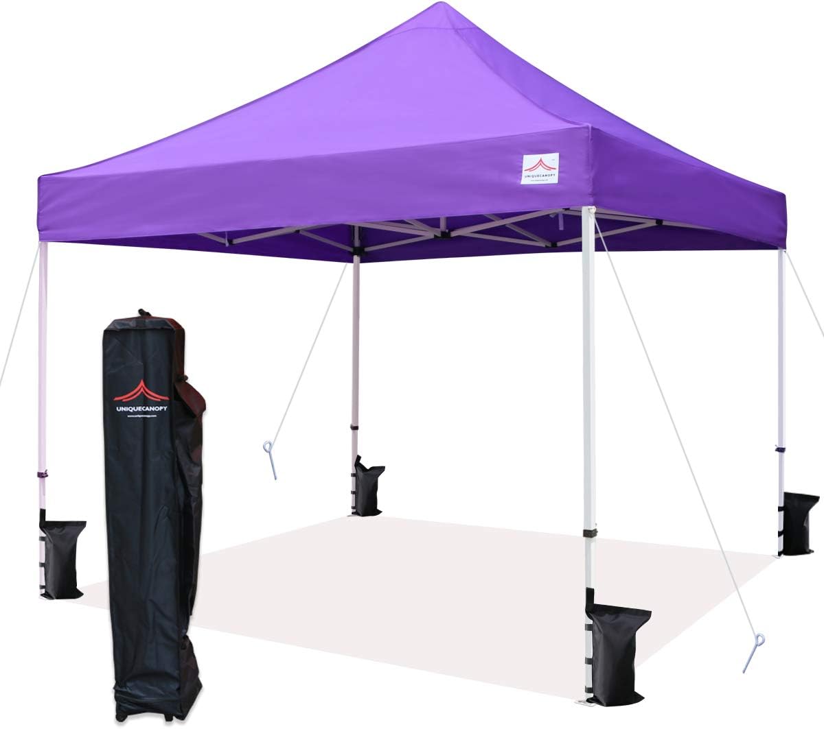 UNIQUECANOPY Ez - Tienda de campaña desplegable de 10 x 10 pies, refugio instantáneo comercial con bolsa de rodillo resistente, 4 bolsas de arena para toldo, tira roja y blanca de 10 x 10 pies