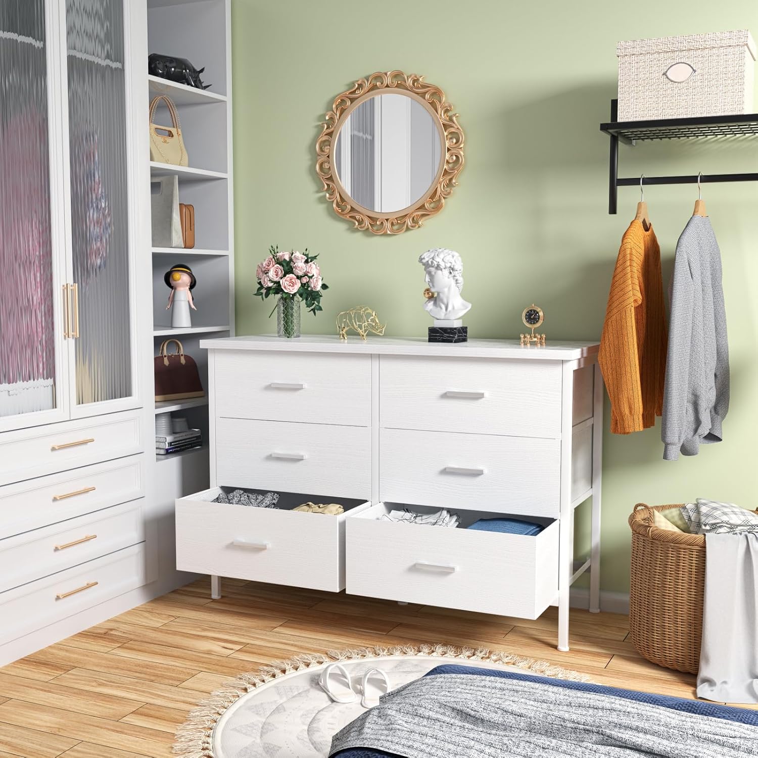 BOLUO - Cómoda blanca para recámara, 6 cajones, soporte de TV ancho para cambiador de TV de 50 pulgadas y cajones de tela para clóset moderno