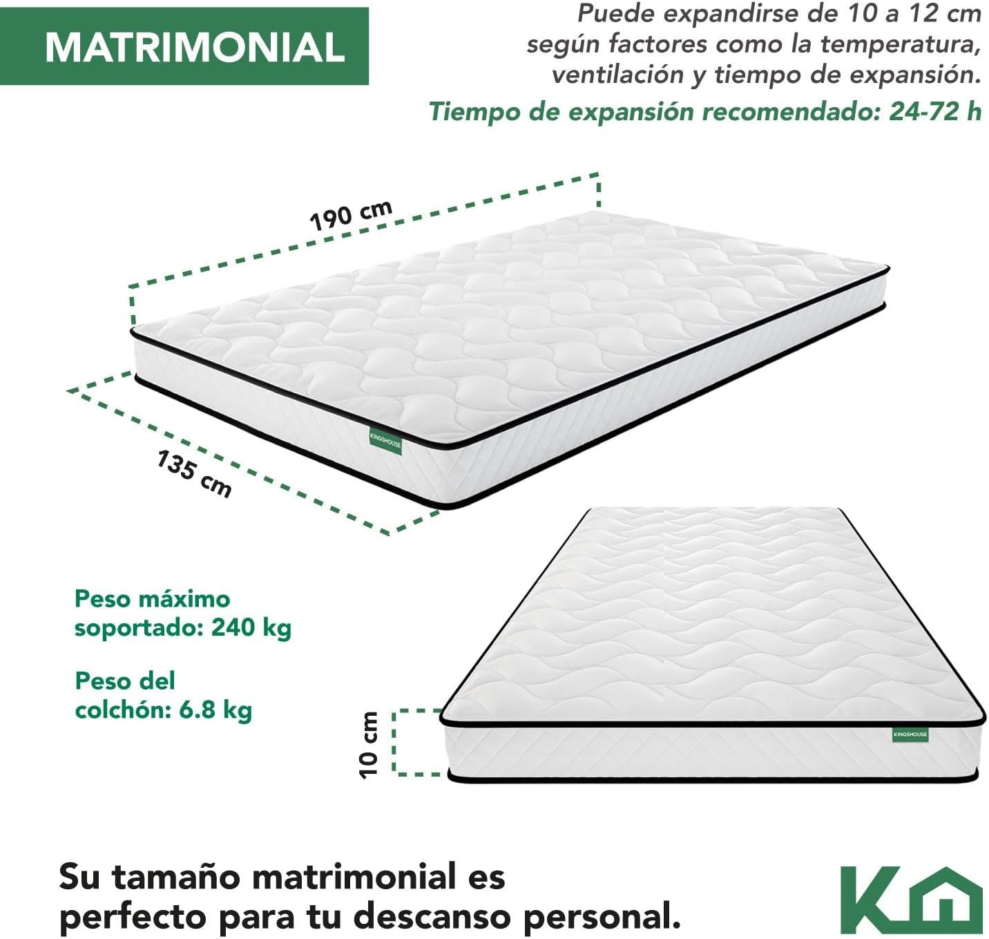 Kingshouse | Colchón en Caja Matrimonial Color Gris - Espuma de Alta Densidad - (LAxANxAL) 190x135x15 cm - Antiácaros e Hipoalergénico - Memory Foam, Adaptable y Suave - Firmeza Justa