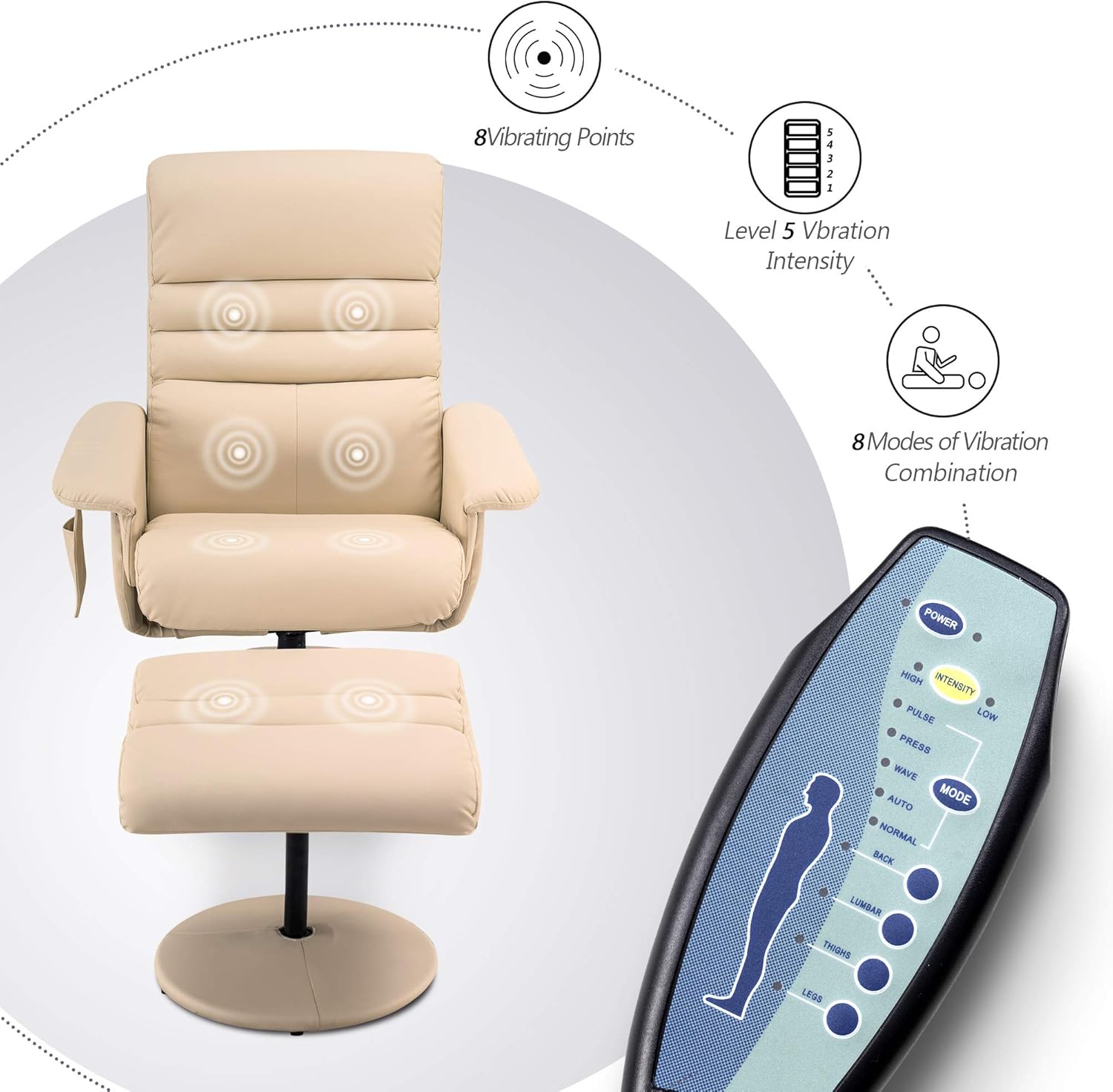 Silla reclinable con otomana, silla reclinable con masaje, silla giratoria de 360 años, piel sintética 7902 (blanco crema)