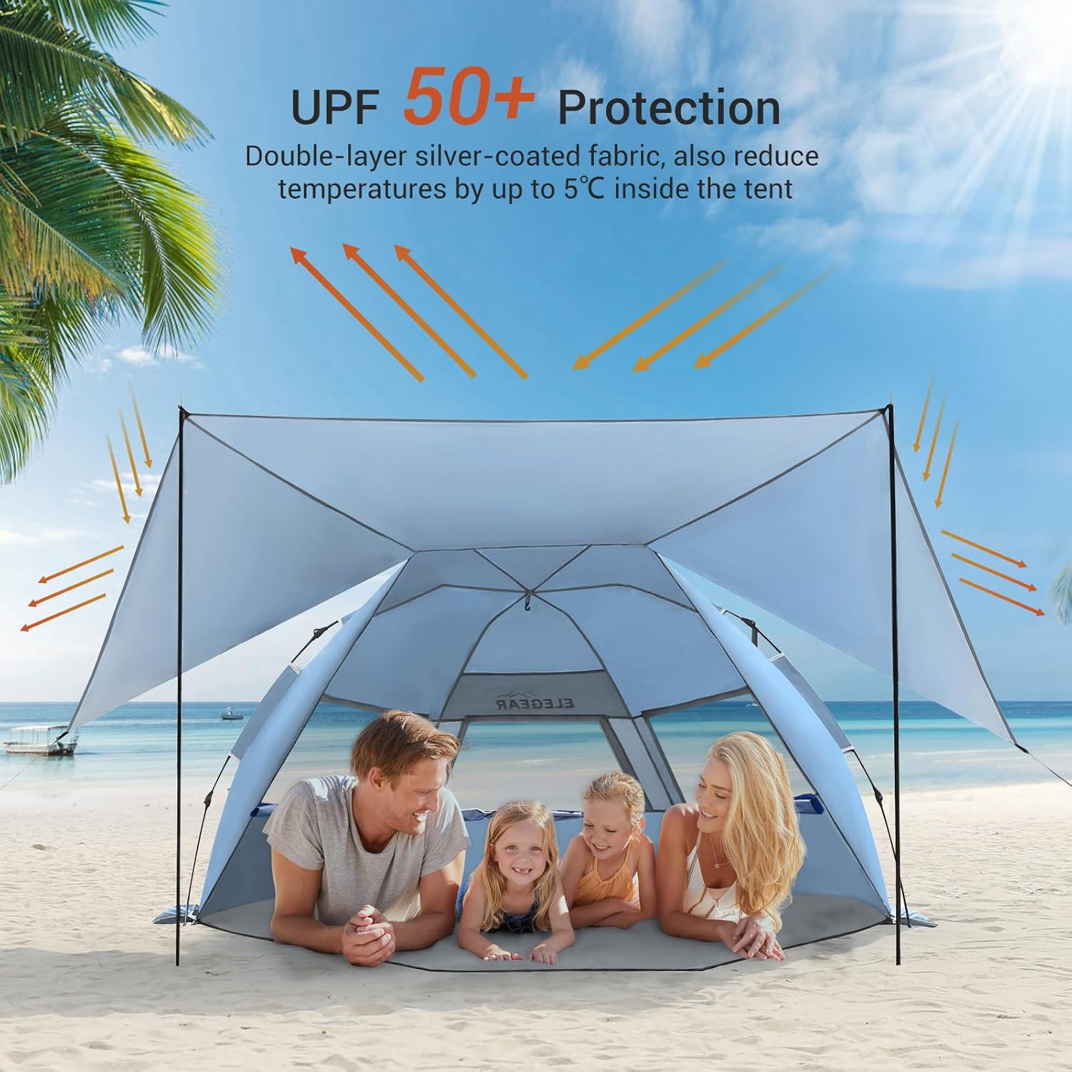 Elegear Tienda para Playa con UPF 50+ Refugio Solar de Playa Ligero, Instantáneo Portátil Carpa para Playa Camping, Tienda Sombra con Cremallera Extendida para Camping de Playa, Azul