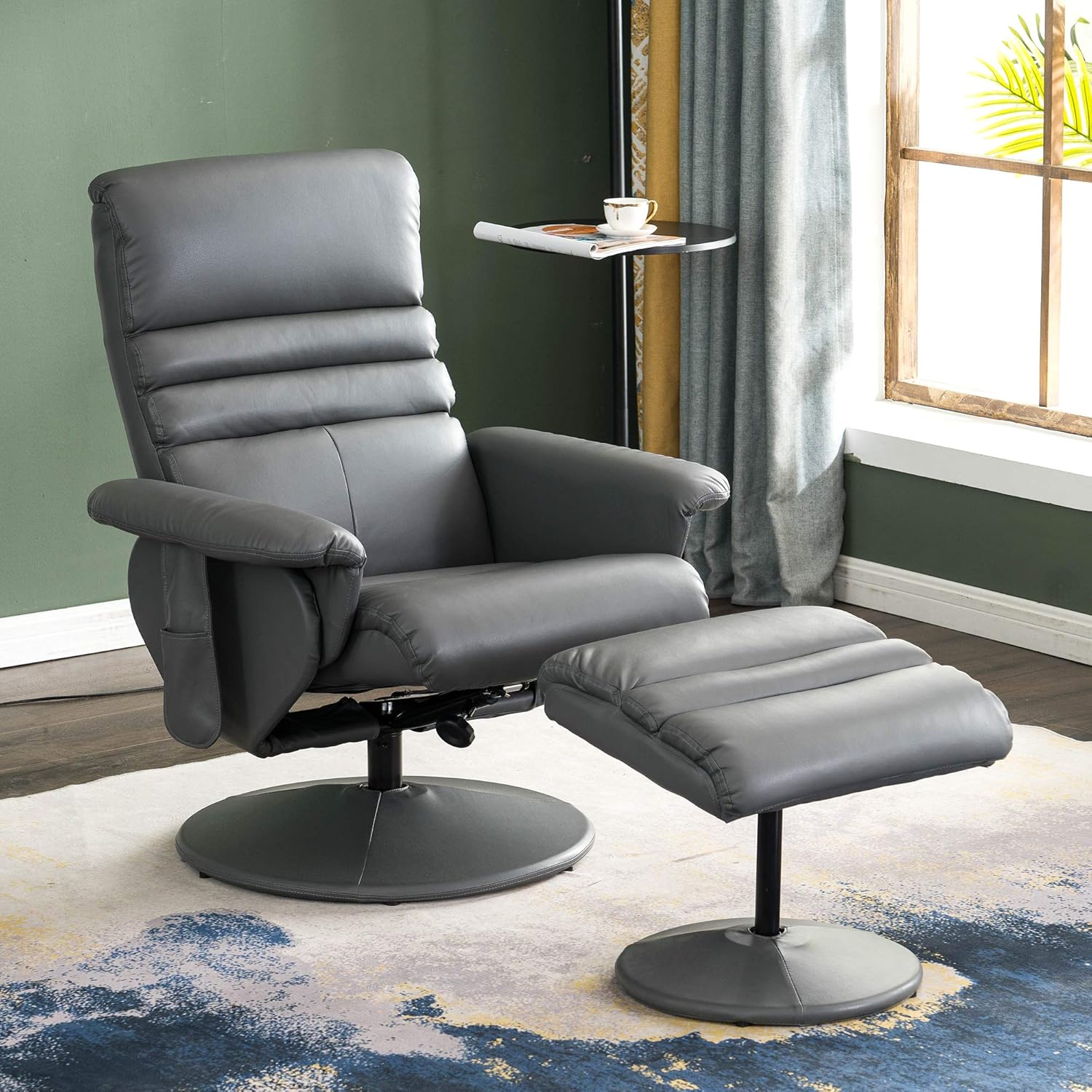 Silla reclinable con otomana, silla reclinable con masaje, silla giratoria de 360 años, piel sintética 7902 (blanco crema)