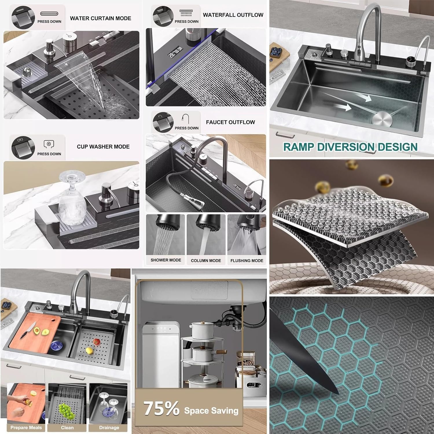 Fregadero De Cocina De Lujo Acero Inoxidable De Una Tarja 304 negro Fregadero de cascada Cascadas gemelas Con lavavasos y grifo Con lavavasos、grifo、tabla de cortar、escurridor