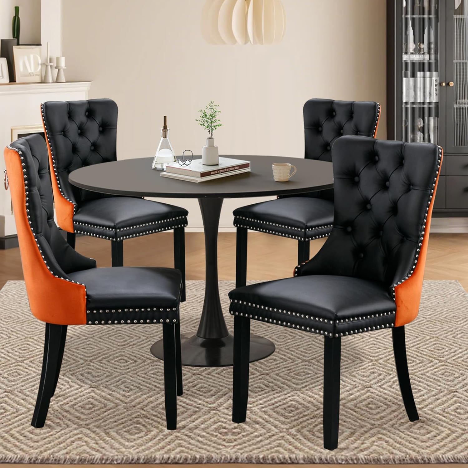 Juego de 6 sillas de comedor tapizadas de piel, estilo moderno, con ribete de cabeza de clavo y pata de madera, anillo de metal para comedor y sala de estar (blanco y negro, juego de 6)