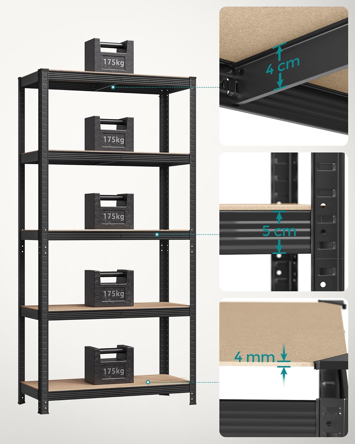 SONGMICS Juego de 2, Estantería Pesada de 5 Niveles, Estantería de Acero, Montaje sin Herramientas, 40 x 90 x 180 cm, Negro MGLR042B01