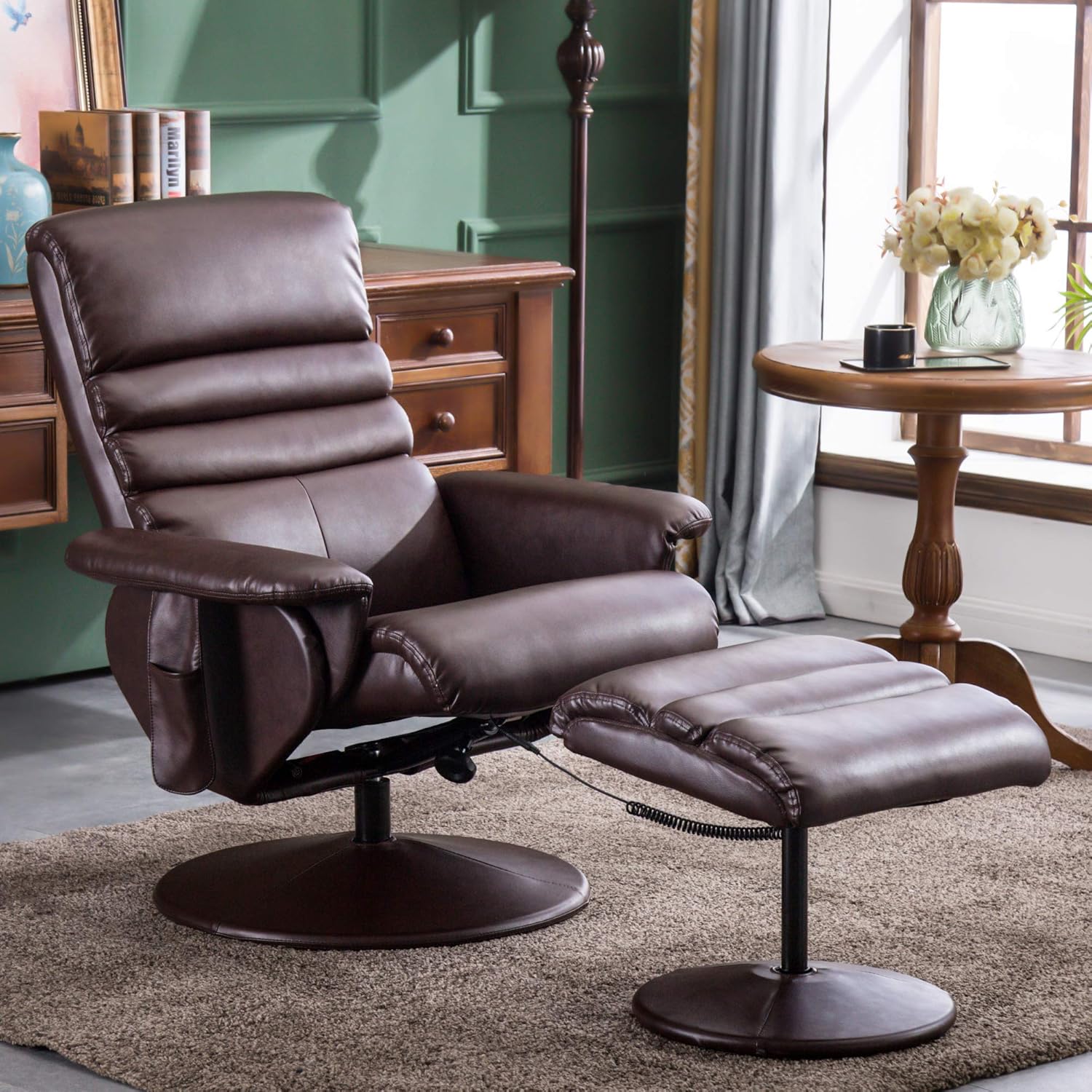 Silla reclinable con otomana, silla reclinable con masaje, silla giratoria de 360 años, piel sintética 7902 (blanco crema)