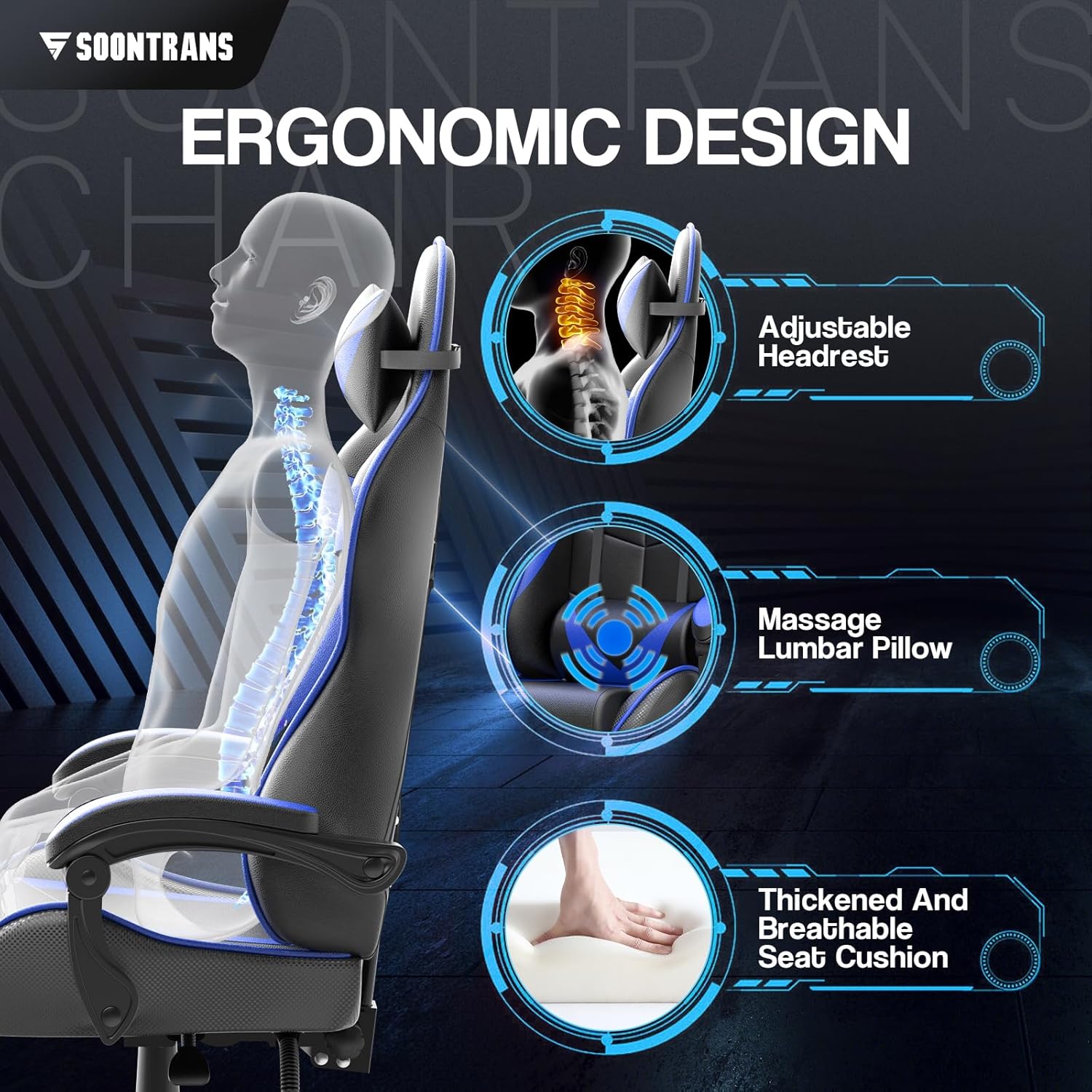 Silla de juegos de PC, silla de carreras para juegos, silla de computadora, silla de oficina E-Sports, silla ergonómica con reposapiés retráctil, reposacabezas ajustable y soporte lumbar (azul)