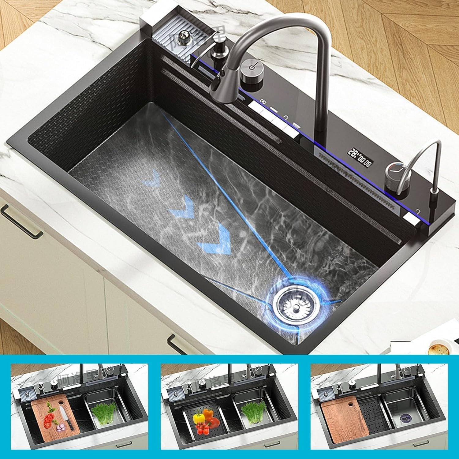 Fregadero De Cocina De Lujo Acero Inoxidable De Una Tarja 304 negro Fregadero de cascada Cascadas gemelas Con lavavasos y grifo Con lavavasos、grifo、tabla de cortar、escurridor