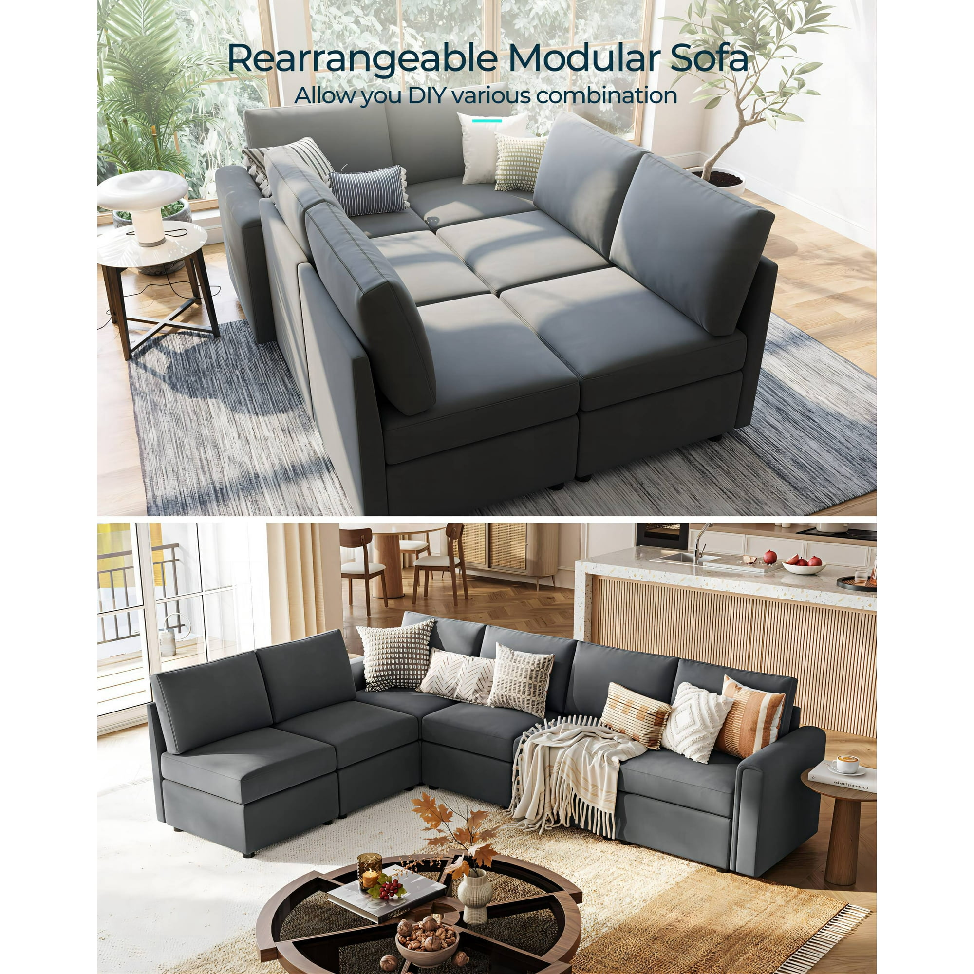 Sofás modulares LINSY HOME con almacenamiento, sofá seccional de 6 plazas para sala de estar, sofá seccional en forma de U con chaise longues reversibles