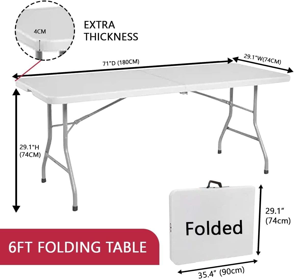 BREEZEE Mesa Plegable 180x75cm Blanca Resistente Tipo Portafolio, para Patio, Jardin, Camping, Fiestas, Convivios, Interior y Exterior, Diseño Multifuncional Portatil, Facil De Armar Hogar