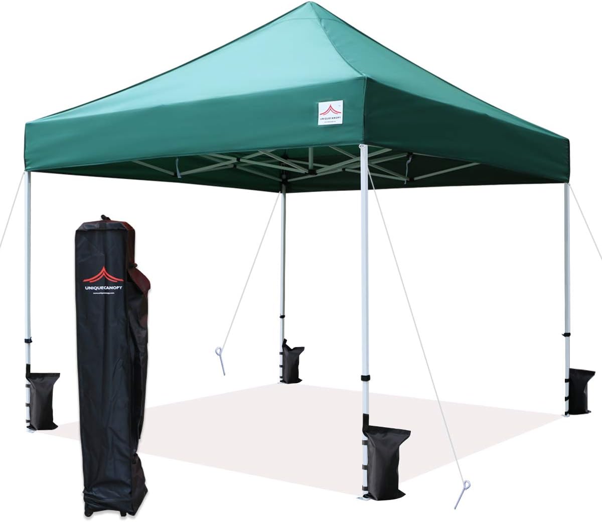UNIQUECANOPY Ez - Tienda de campaña desplegable de 10 x 10 pies, refugio instantáneo comercial con bolsa de rodillo resistente, 4 bolsas de arena para toldo, tira roja y blanca de 10 x 10 pies