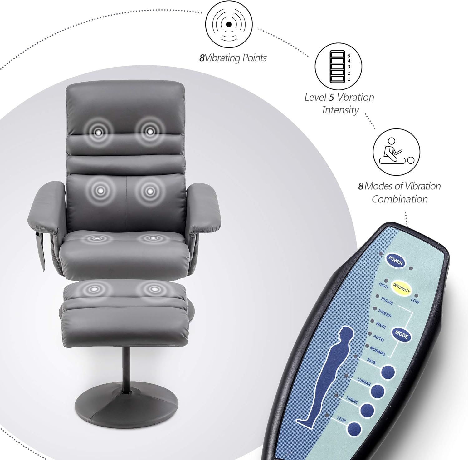 Silla reclinable con otomana, silla reclinable con masaje, silla giratoria de 360 años, piel sintética 7902 (blanco crema)