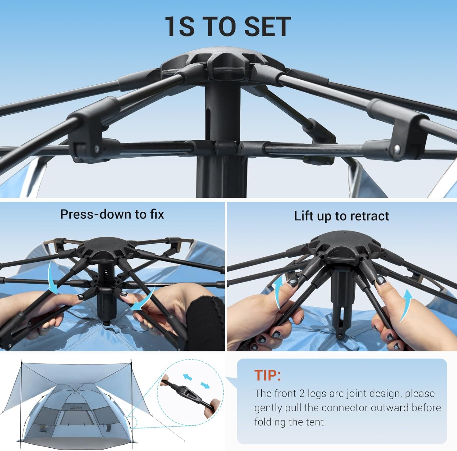 Elegear Tienda para Playa con UPF 50+ Refugio Solar de Playa Ligero, Instantáneo Portátil Carpa para Playa Camping, Tienda Sombra con Cremallera Extendida para Camping de Playa, Azul