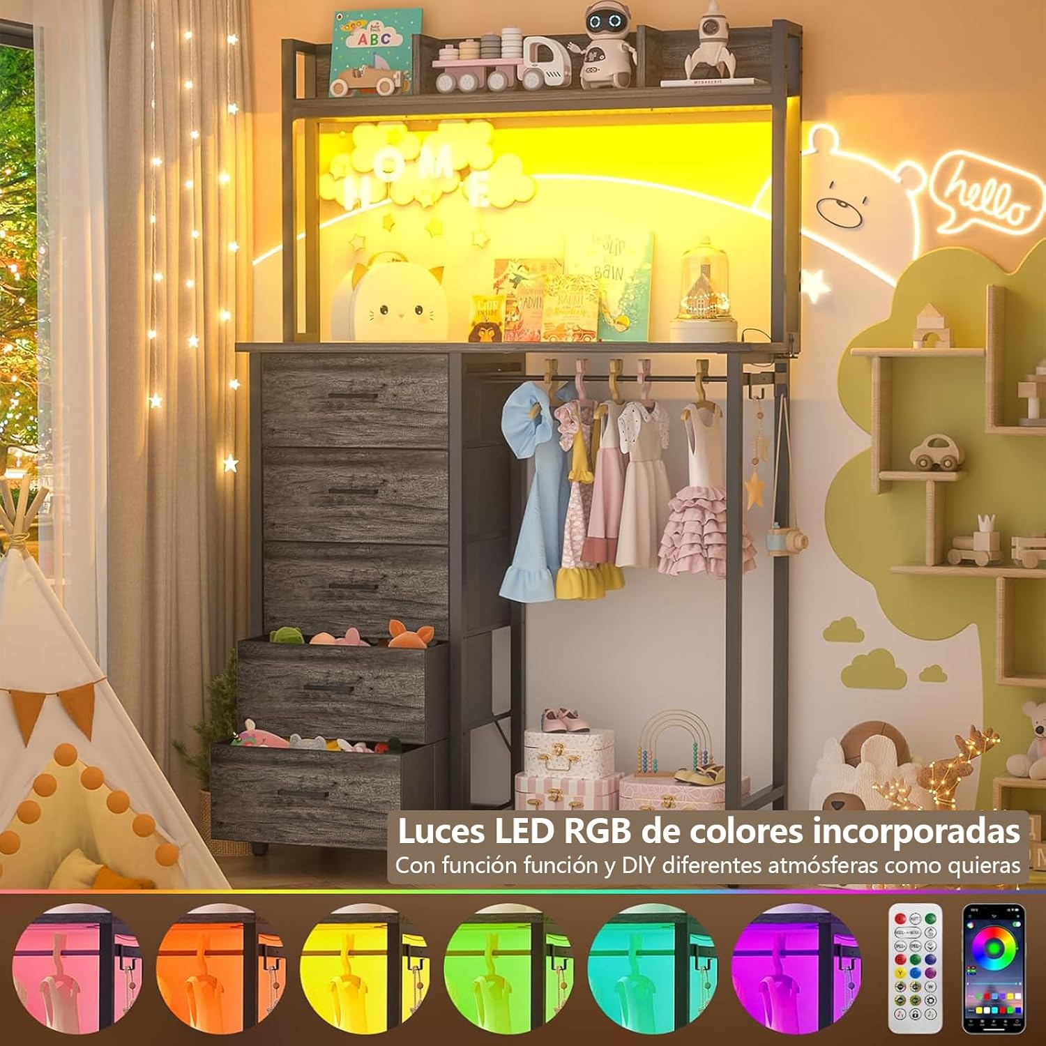 Comoda Cajonera para Recamara,Cómoda con Percheros Integrados de 5 Niveles,180x100x40 cm, Armario Multifuncional con Luces RGB, 3 Enchufes + 2 USB y Control Remoto (Rosa)