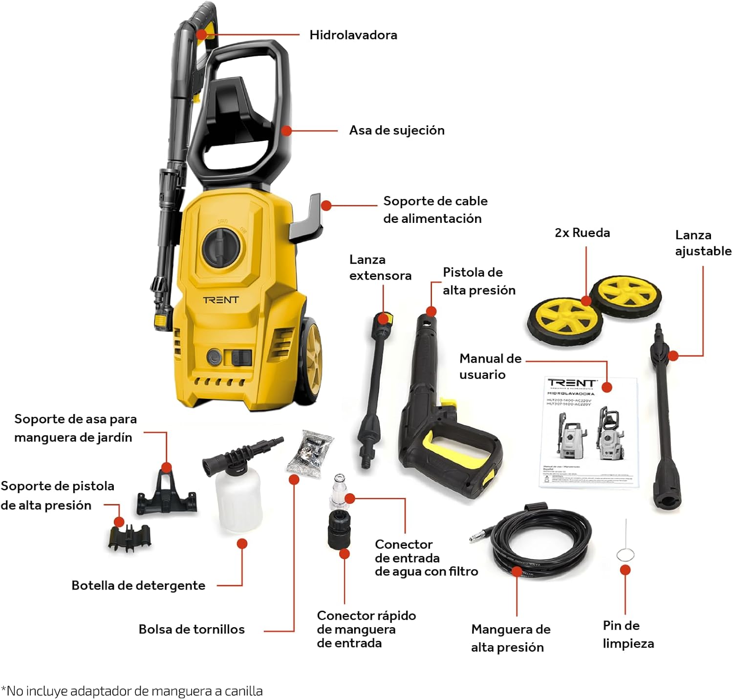 TRENT Hidrolavadora Electrica 1400w Alta Presion 1600 PSI 60 Hz Negro Y Amarillo