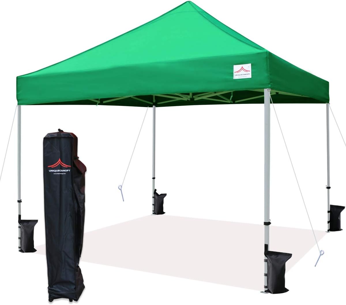 UNIQUECANOPY Ez - Tienda de campaña desplegable de 10 x 10 pies, refugio instantáneo comercial con bolsa de rodillo resistente, 4 bolsas de arena para toldo, tira roja y blanca de 10 x 10 pies