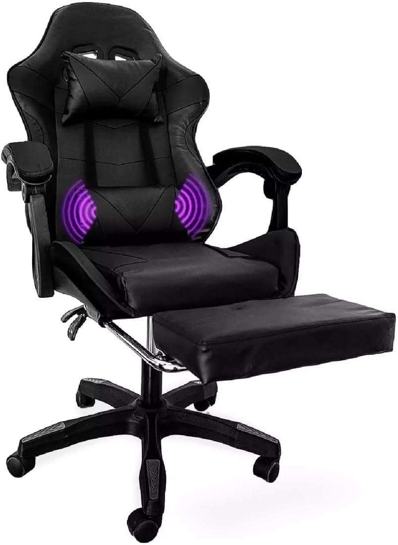 CUORY Silla Gamer Escritorio Ergonómica Reposapiés Ejecutiva | Ajuste de Altura | Reclinable Gaming Oficina Silla de computadora con Giratorio | Reposacabezas y Almohada Lumbar | Negro