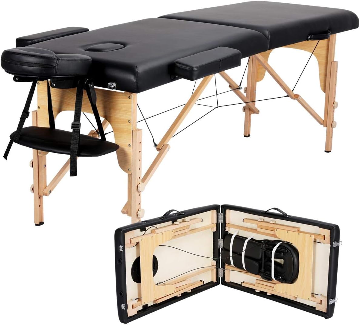 Yaheetech Mesas de masaje, cama de masaje portátil, mesa de terapia de masaje, cama de spa de 84 pulgadas, ajustable, 2 pliegues, cama de salón con bolsa no tejida, color negro