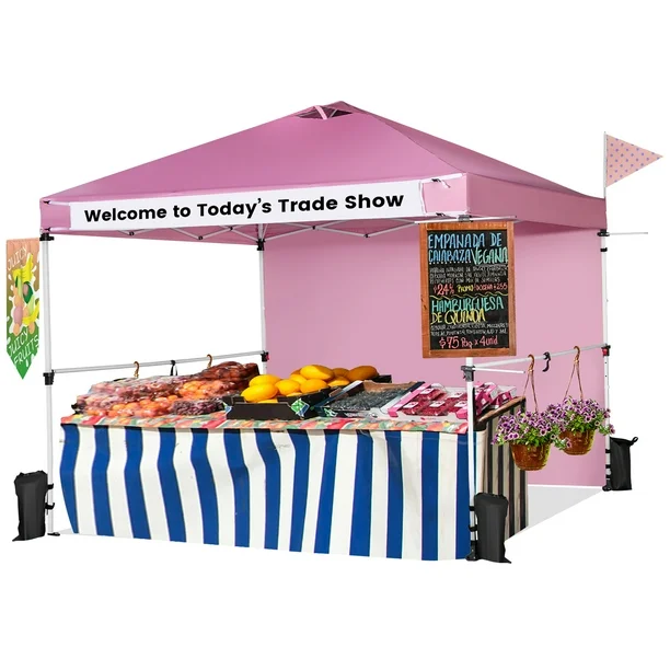 Costway 3 m x 3 m Pabellón Emergente Con Pared Lateral, Carpa Plegable Con Bolsa Enrollable, Barras Cruzadas Colgantes, Cinta para Pancartas, Refugio Portátil de Sombra para Mercado, Patio, Camping