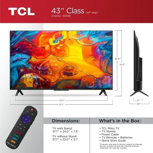 TCL Television 43 Pulgadas Class 4K UHD HDR LED Smart TV con HDR HDMI Modo De Juego Funciona con Alexa y Asistente Google 43S451 (Sin Bases) + Soporte De Pared (Sin Bases) (Reacondicionado)