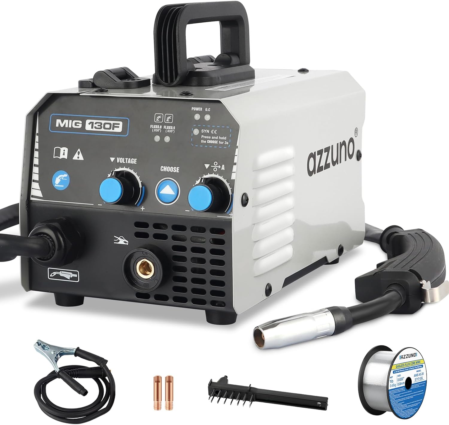 AZZUNO Soldador Mig, Soldador De Núcleo De Flujo 130 Amp 110 V Máquina De Soldadura Mig Sin Gas Soldador Inversor Igbt Soldador De Alimentación De Alambre Portátil (Voltios, 110)