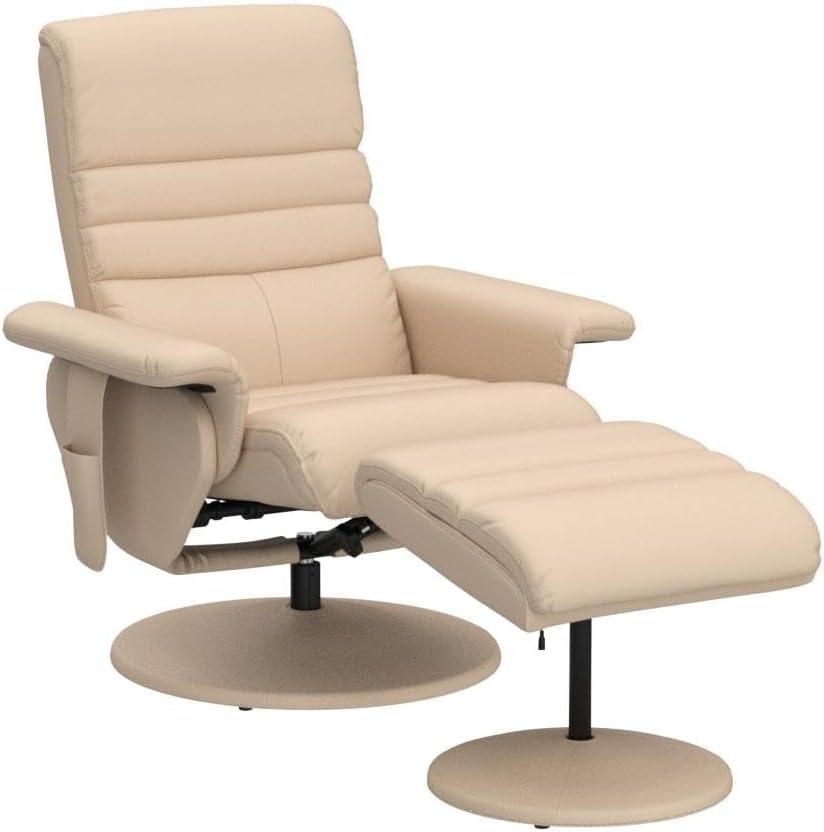 Silla reclinable con otomana, silla reclinable con masaje, silla giratoria de 360 años, piel sintética 7902 (blanco crema)
