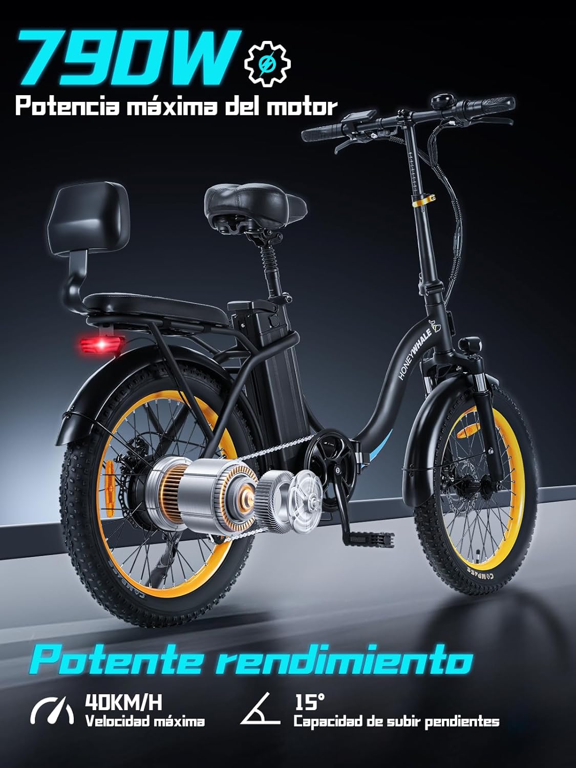 HONEYWHALE BW02 Bicicleta Electrica Plegable para Adultos, Potencia Máxima del Motor 790W, Velocidad Máxima 40KM/H, Autonomía 40-45KM, Batería (48V, 10.4AH), Scooter de Movilidad