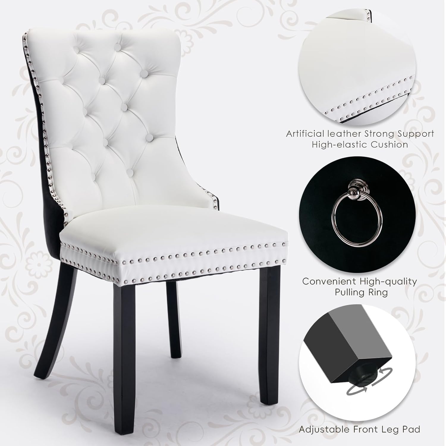 Juego de 6 sillas de comedor tapizadas de piel, estilo moderno, con ribete de cabeza de clavo y pata de madera, anillo de metal para comedor y sala de estar (blanco y negro, juego de 6)