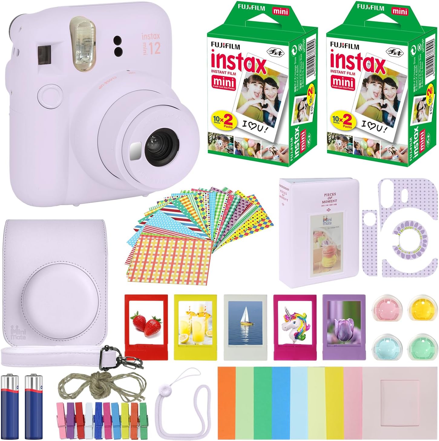 Fujifilm Instax Mini 12 cámara instantánea lila púrpura + estuche de transporte + Fuji Instax Film Value Pack (40 hojas) paquete de accesorios, filtros de color, álbum de fotos, marcos surtidos