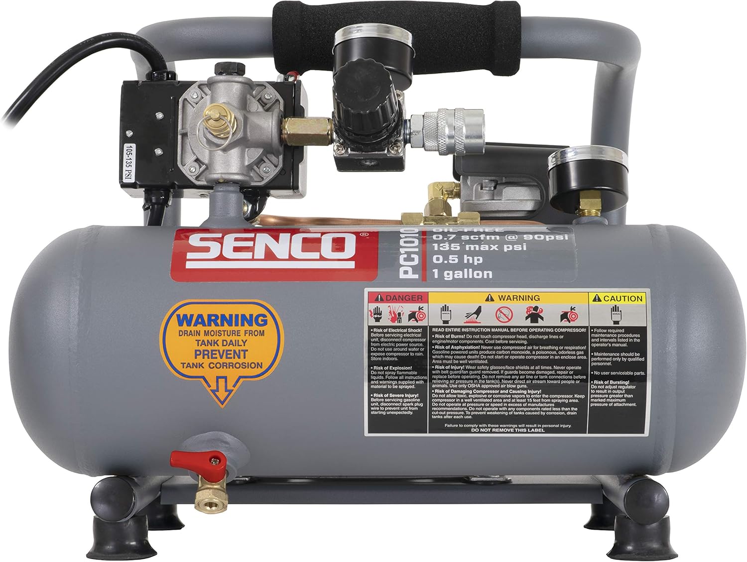 Senco PC1010 1-Horsepower Peak, 1/2 hp running 1-Gallon Compressor