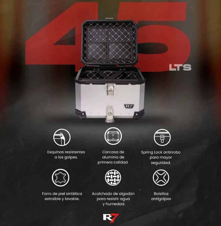 Baúl Trasero Motocicleta Aluminio 45 con Respaldo (Plata)