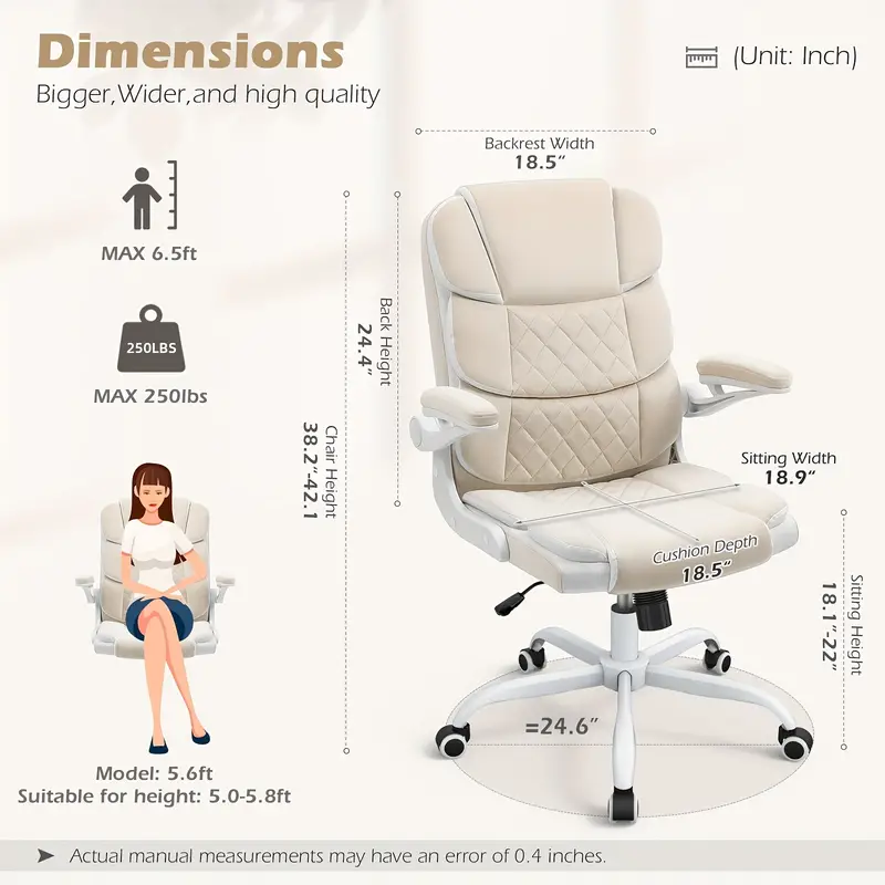 Silla de Oficina Ergonómica de Terciopelo Beige con Soporte Lumbar, Apoyabrazos Ajustables y Base Giratoria - Silla de Escritorio Ejecutiva Cómoda para el Hogar, Estudio o Dormitorio