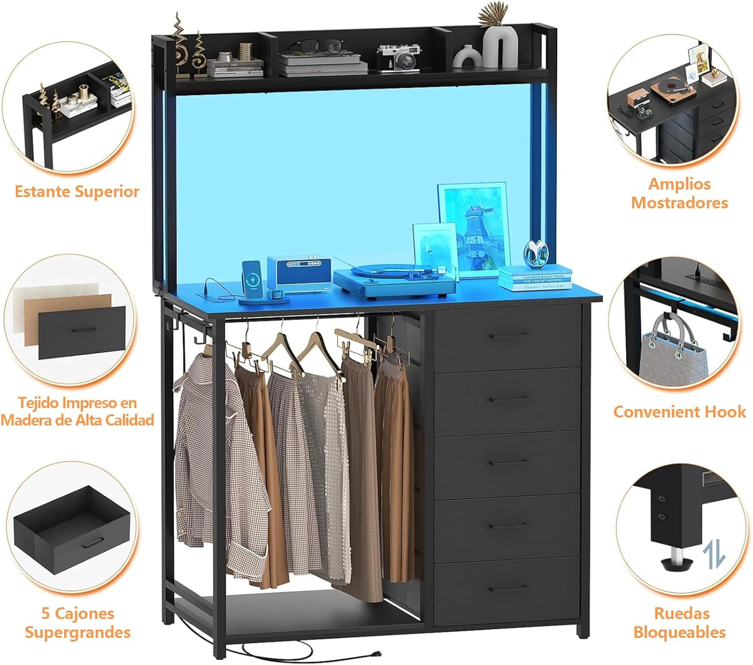 Comoda Cajonera para Recamara,Cómoda con Percheros Integrados de 5 Niveles,180x100x40 cm, Armario Multifuncional con Luces RGB, 3 Enchufes + 2 USB y Control Remoto (Rosa)
