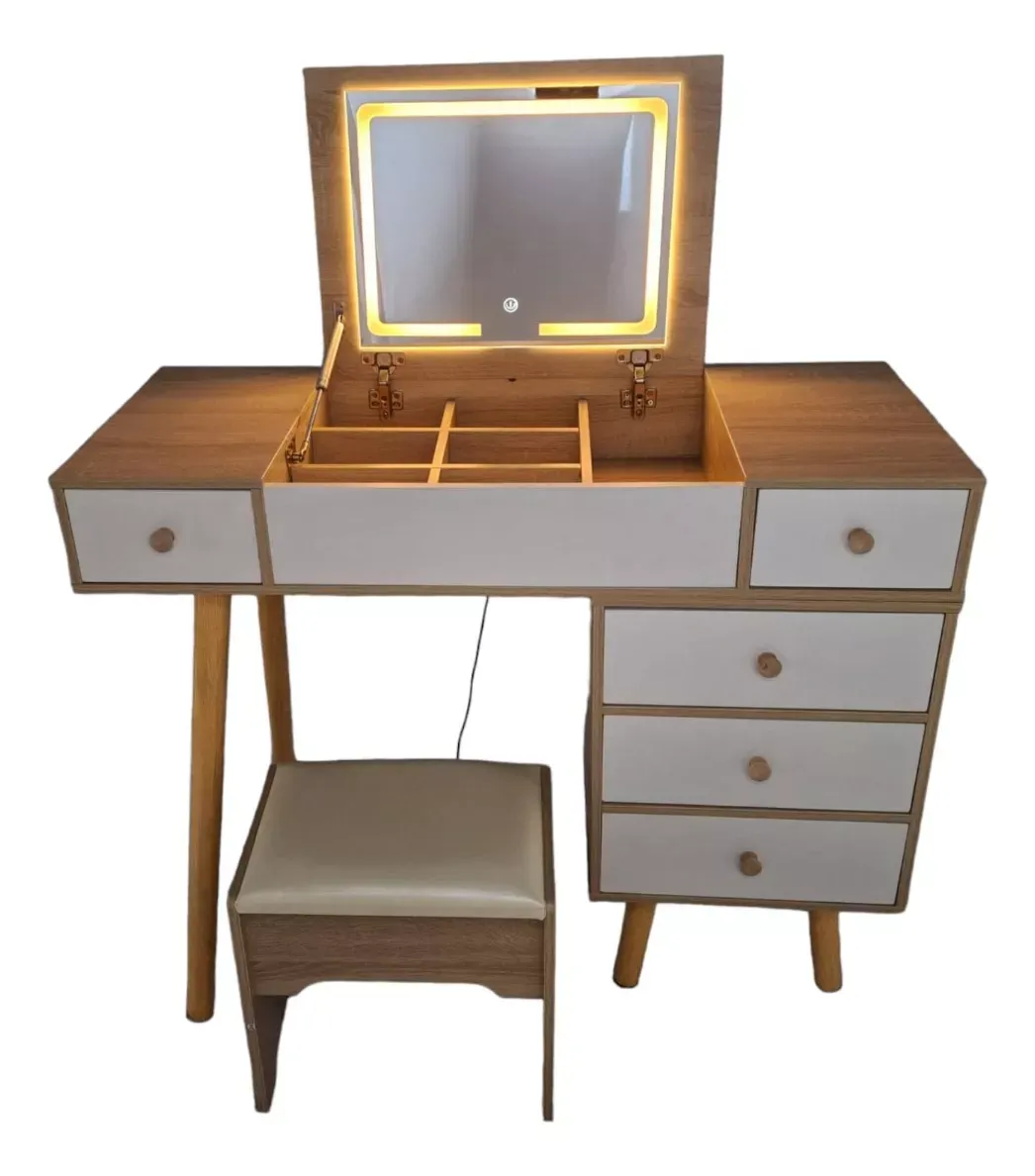 Tocador Moderno Expandible Espejo Abatible 3 Luz Led Banco