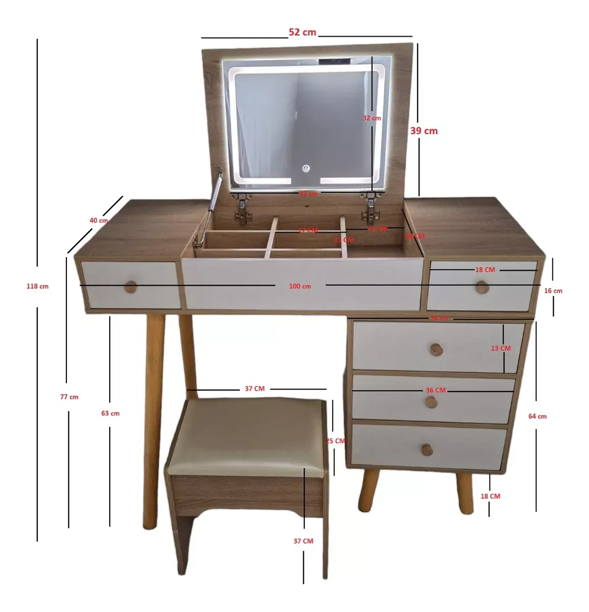 Tocador Moderno Expandible Espejo Abatible 3 Luz Led Banco