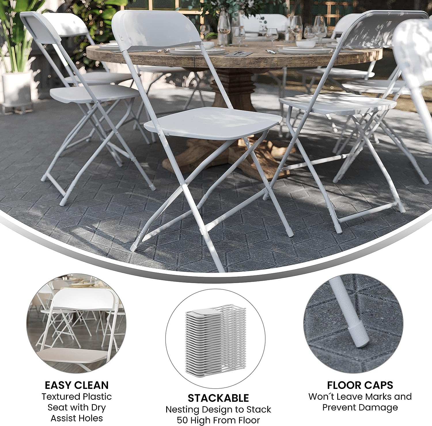 Juego de 10 sillas plegables de plástico - Silla plegable liviana y apilable con capacidad de peso de 650 LB en color blanco