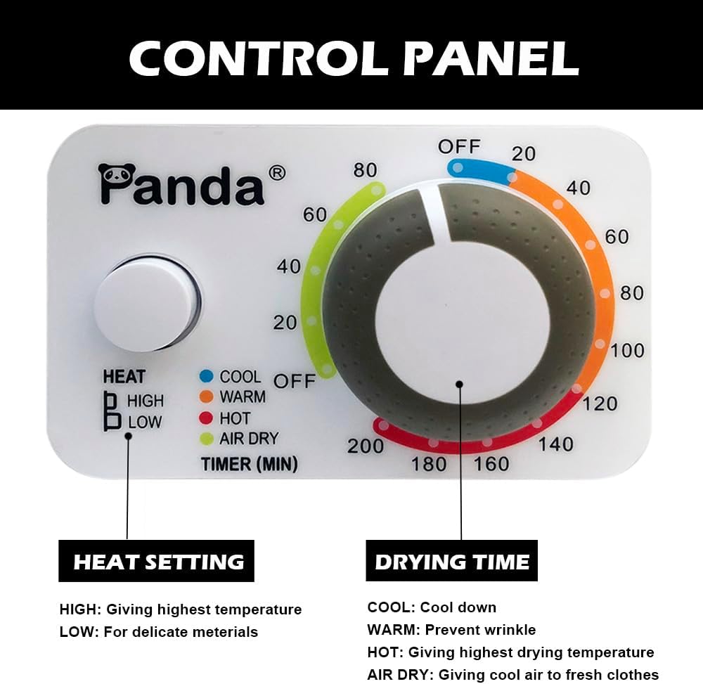 Panda PAN725SF Secadora de ropa eléctrica portátil, 110 V, 1,5 pies cúbicos, vaso de acero inoxidable, negro/blanco ----- Percha para ropa