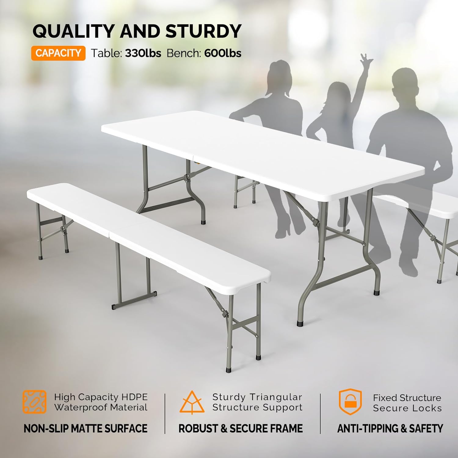VINGLI Juego de mesa de picnic con 2 bancos, juego de sillas de mesa de camping de 6 pies, muebles plegables de 3 piezas para uso interior o exterior-taza