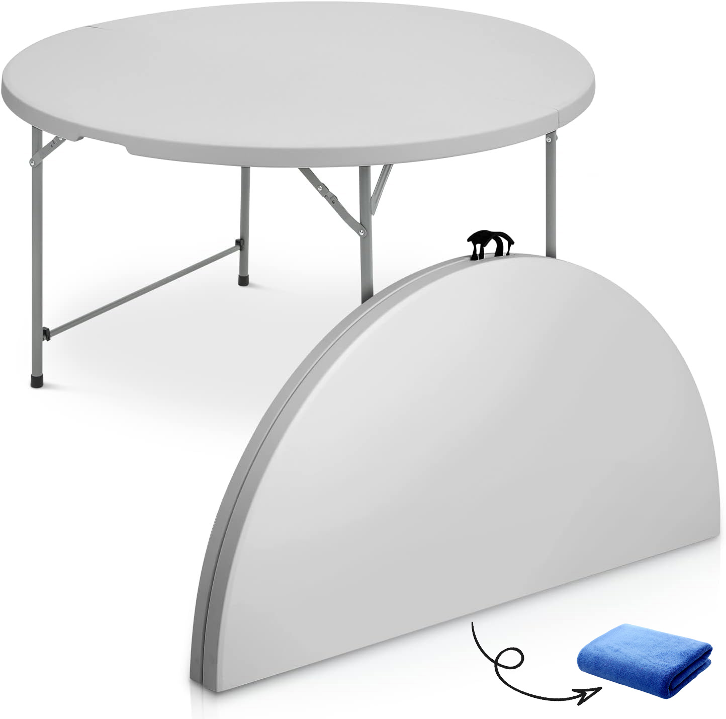Mesa plegable redonda de 4.5 pies, mesa de comedor de plástico para interiores y exteriores con asa y cerradura para picnic, fiesta, banquete, boda, color blanco