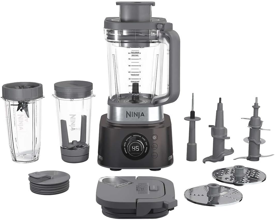 Licuadora de Uso Profesional, 7 Funciones en 1, Procesador de Alimentos y Extractor de Nutrientes, 3 Cuchillas, 2 Tapas, 2 Termos y 2 Extractores de Nutrientes (Reacondicionado)