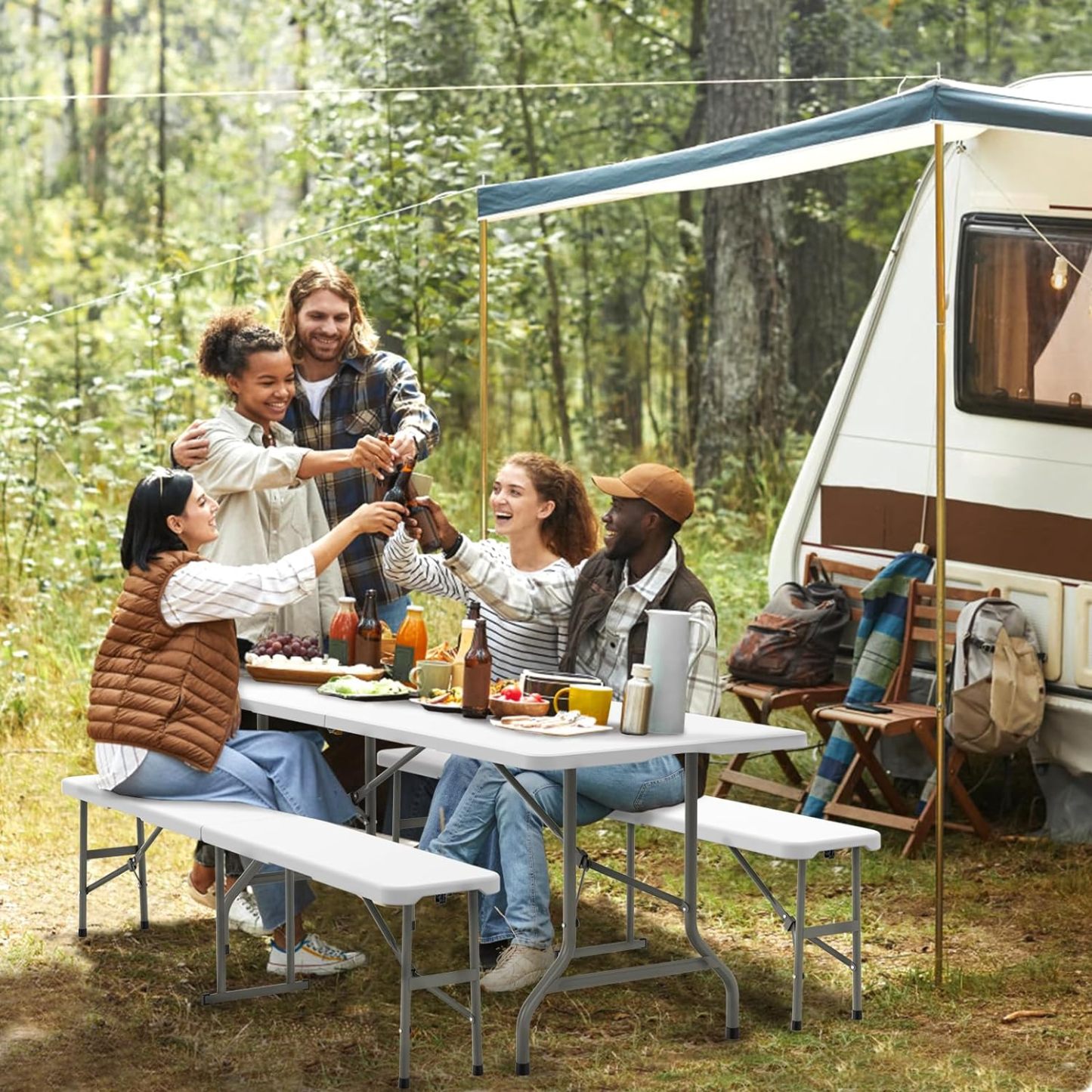 VINGLI Juego de mesa de picnic con 2 bancos, juego de sillas de mesa de camping de 6 pies, muebles plegables de 3 piezas para uso interior o exterior-taza