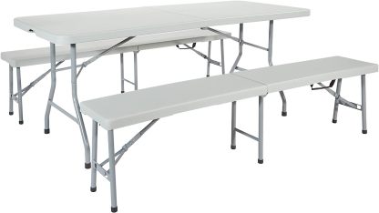 VINGLI Juego de mesa de picnic con 2 bancos, juego de sillas de mesa de camping de 6 pies, muebles plegables de 3 piezas para uso interior o exterior-taza