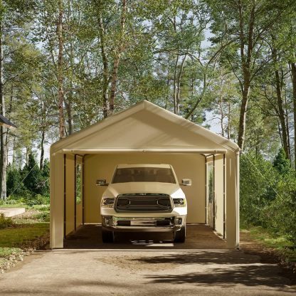 Gardesol Carport, 12'x20' extra grande y resistente con ventanas enrollables ventiladas, garaje portátil con paredes laterales y puertas extraíbles para coche, camión, SUV, toldo para coche con lona para todas las estaciones, color beige