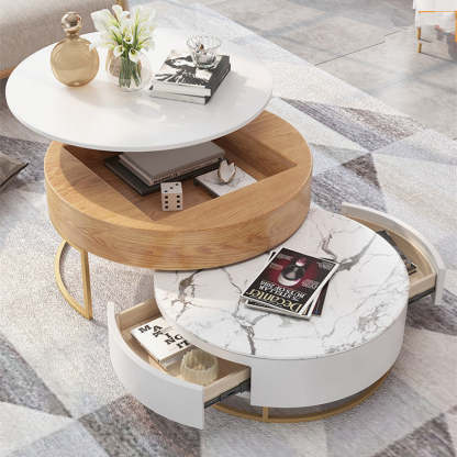 Mesa de centro redonda con tapa elevable y cajones giratorios dobles