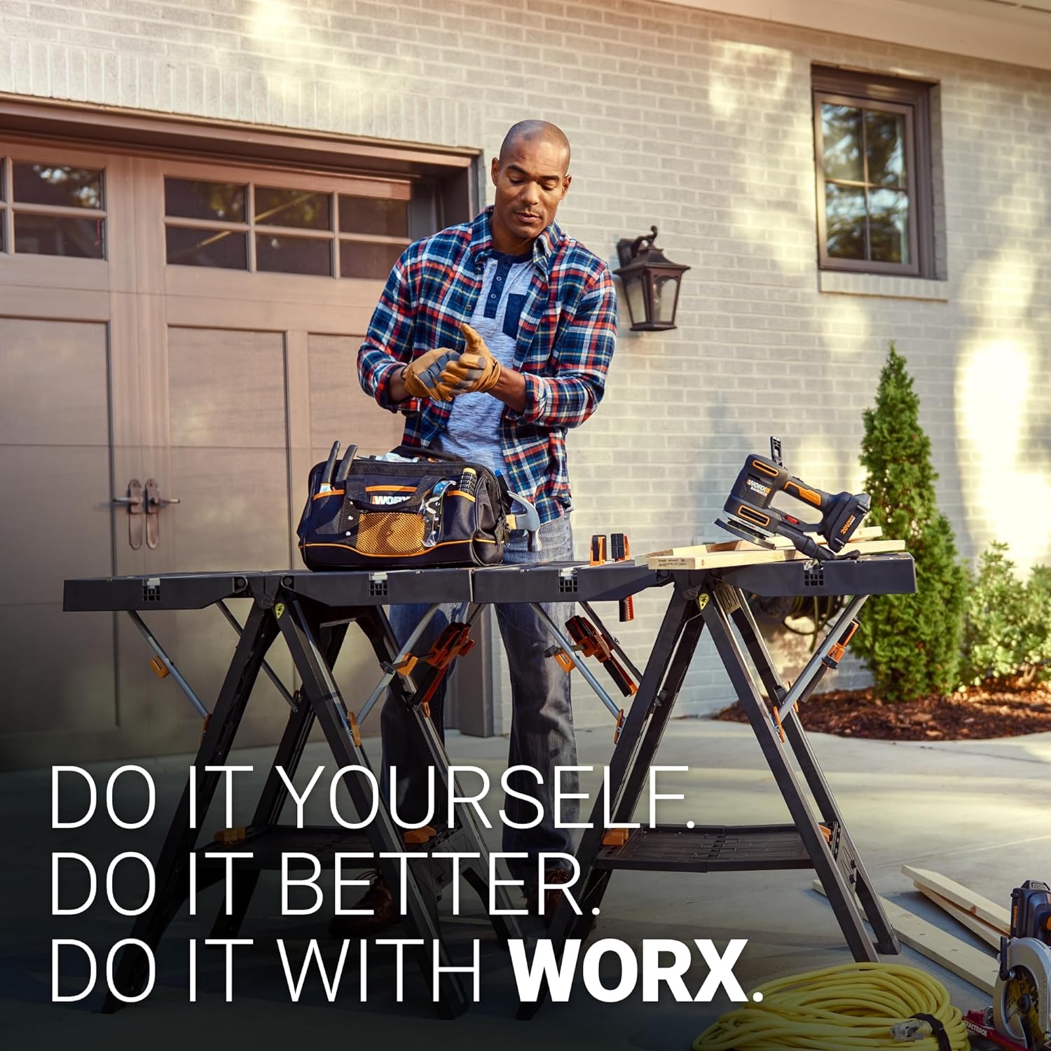 Worx WX051 Pegasus Banco de trabajo multifuncional y caballete con tornillo de banco y clavos de sujeción ----- Guantes