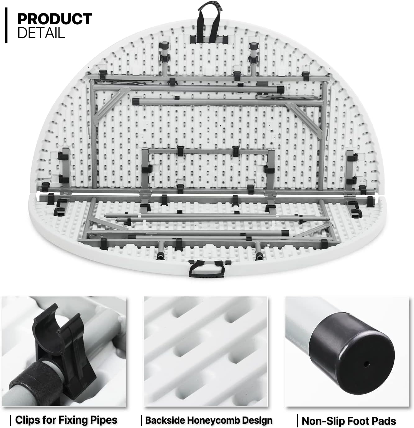 Mesa plegable redonda de 4.5 pies, mesa de comedor de plástico para interiores y exteriores con asa y cerradura para picnic, fiesta, banquete, boda, color blanco