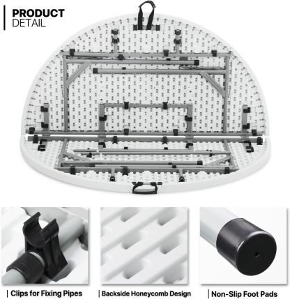 Mesa plegable redonda de 4.5 pies, mesa de comedor de plástico para interiores y exteriores con asa y cerradura para picnic, fiesta, banquete, boda, color blanco
