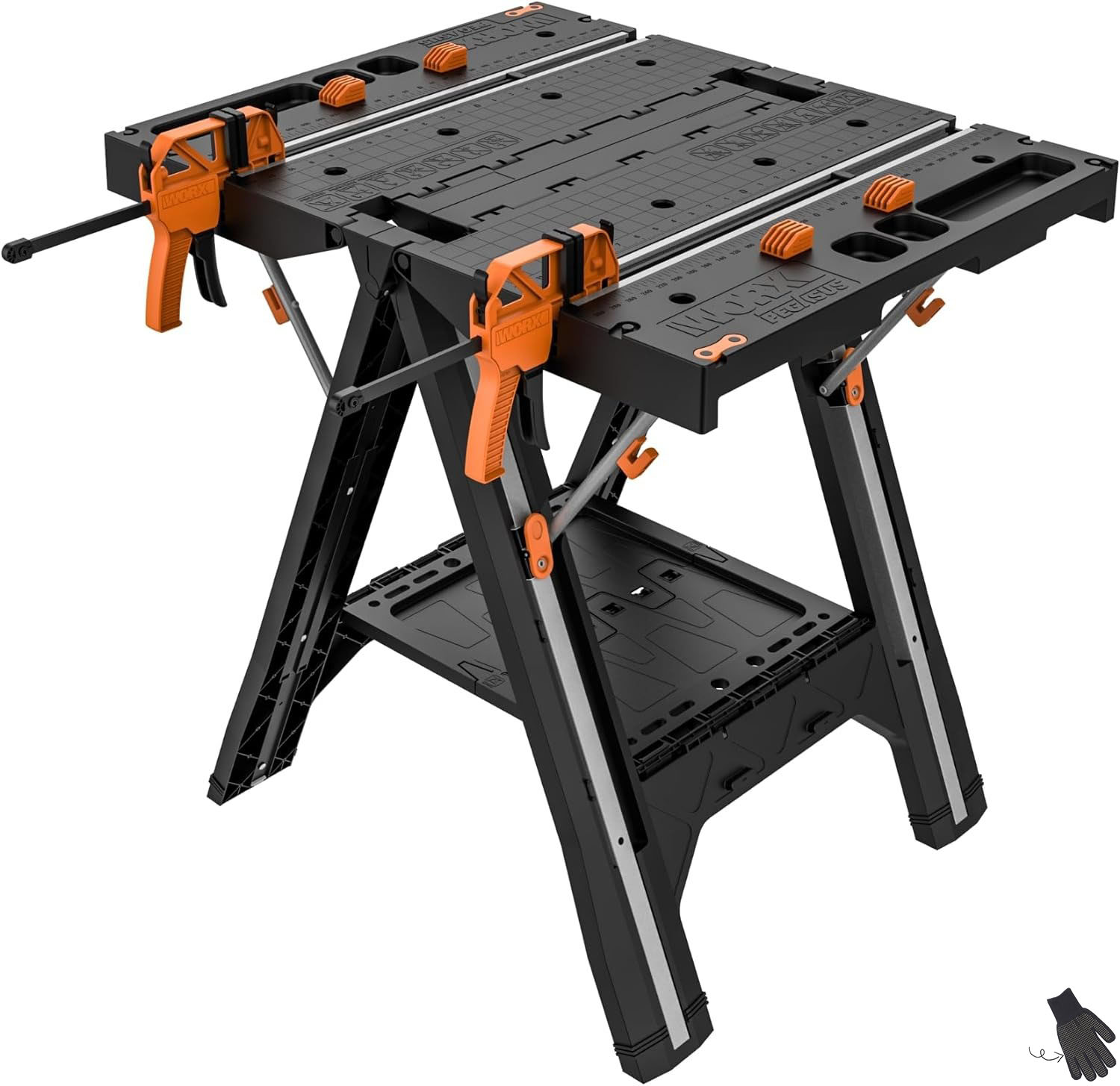 Worx WX051 Pegasus Banco de trabajo multifuncional y caballete con tornillo de banco y clavos de sujeción ----- Guantes