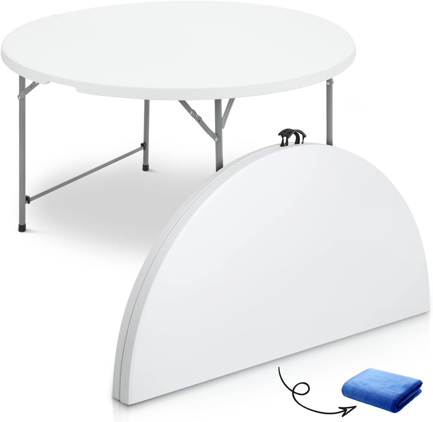 Mesa plegable redonda de 4.5 pies, mesa de comedor de plástico para interiores y exteriores con asa y cerradura para picnic, fiesta, banquete, boda, color blanco